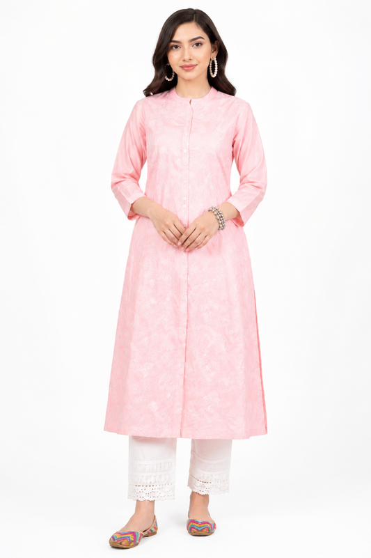 Women's Pink Embroidered Cotton Straight Kurta