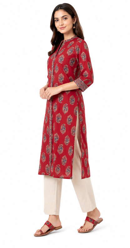 Crimson Red Cotton Printed Straight Kurta for Women | Premium Ethnic Wear