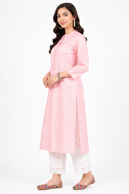 Women's Pink Embroidered Cotton Straight Kurta