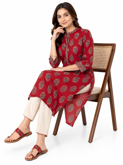 Crimson Red Cotton Printed Straight Kurta for Women | Premium Ethnic Wear
