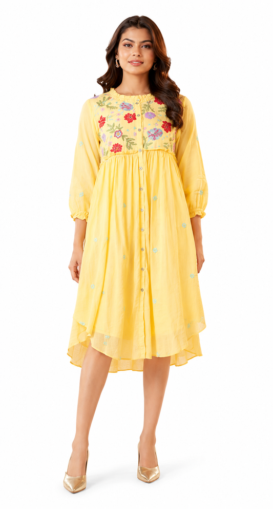 Women's Yellow Embroidered High-Low Cotton Blend Dress with Floral Yoke
