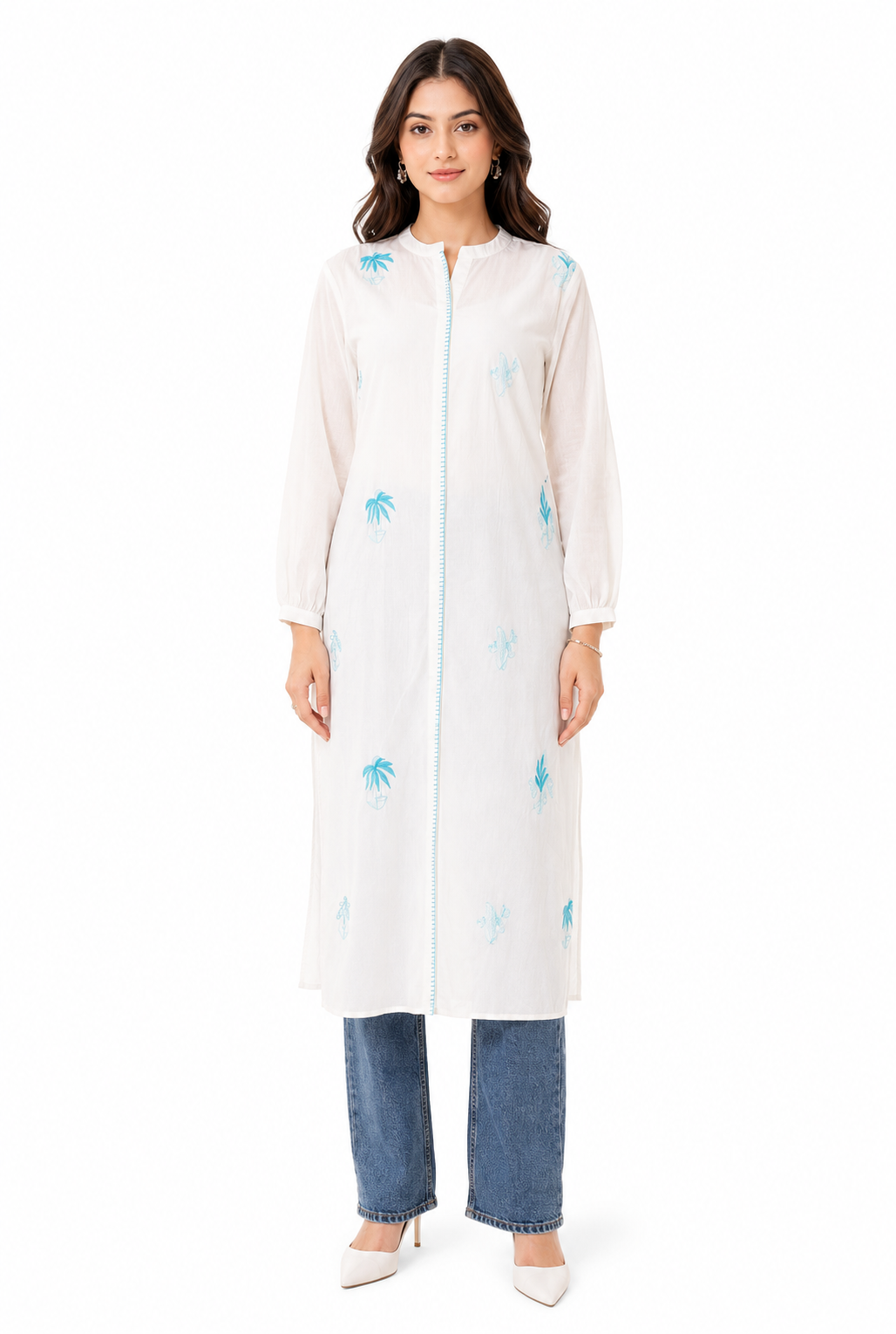Snow White Embroidered Cotton Long Kurti for Women | Premium Casual & Office Wear