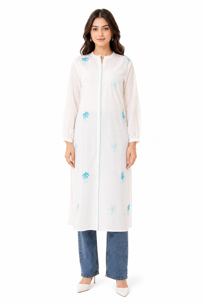 Snow White Embroidered Cotton Long Kurti for Women | Premium Casual & Office Wear