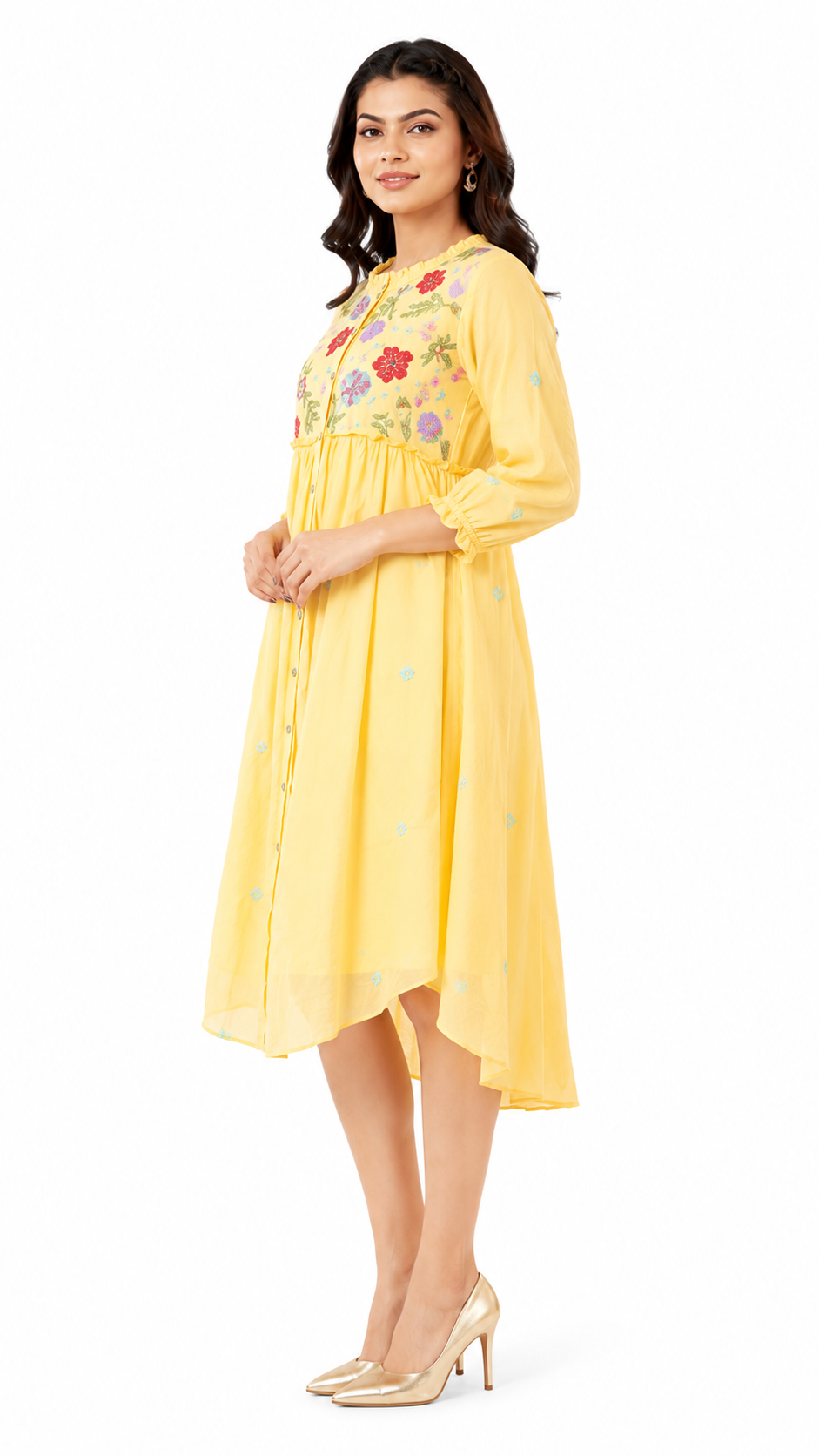 Women's Yellow Embroidered High-Low Cotton Blend Dress with Floral Yoke