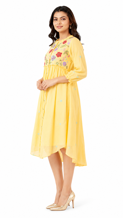 Women's Yellow Embroidered High-Low Cotton Blend Dress with Floral Yoke