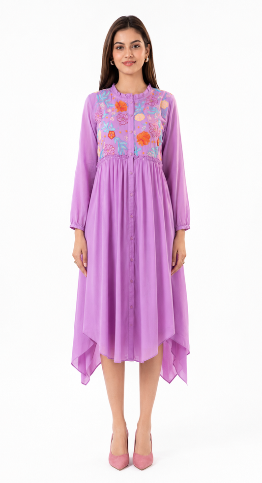 LAVENDER FLORAL EMBROIDERED DRESS