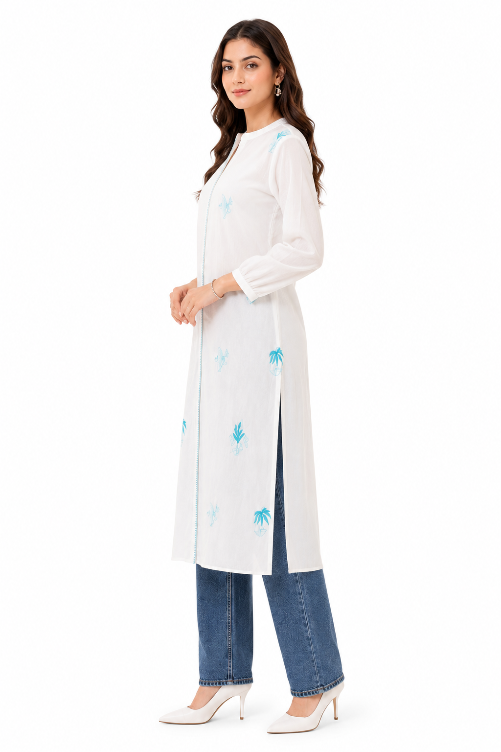 Snow White Embroidered Cotton Long Kurti for Women | Premium Casual & Office Wear