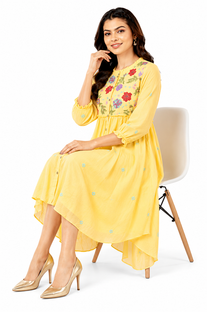 Women's Yellow Embroidered High-Low Cotton Blend Dress with Floral Yoke