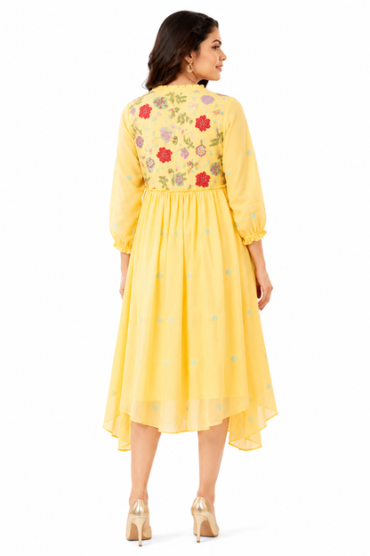 Women's Yellow Embroidered High-Low Cotton Blend Dress with Floral Yoke
