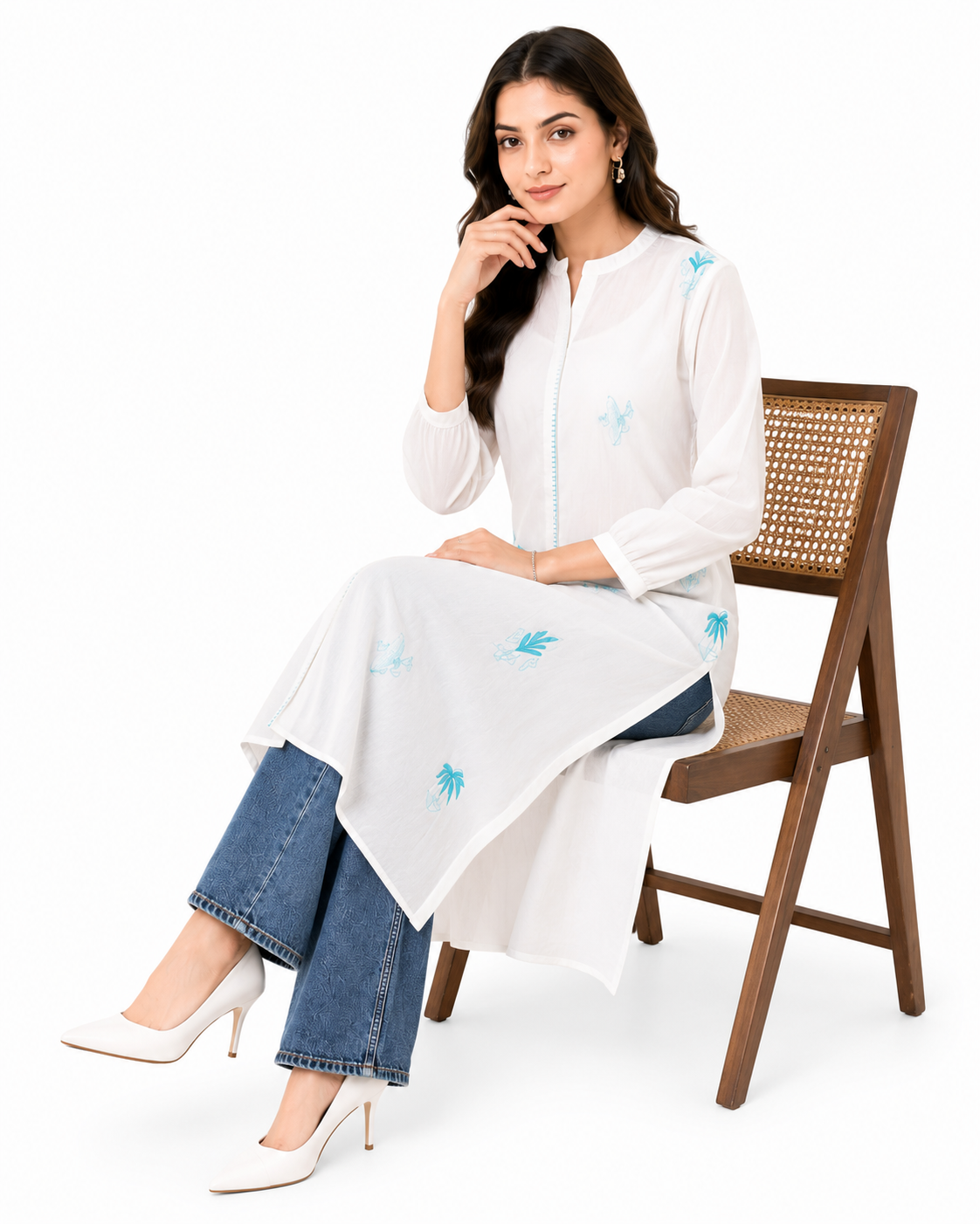Snow White Embroidered Cotton Long Kurti for Women | Premium Casual & Office Wear