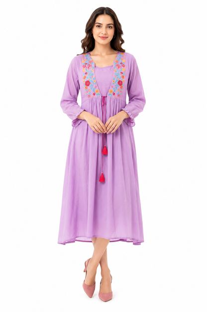 Lavender Cotton Embroidered A-Line Dress Kurta for Women | Floral Embroidered Casual Ethnic Wear