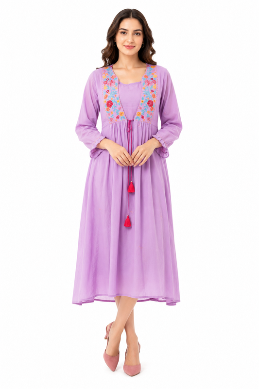 Lavender Cotton Embroidered A-Line Dress Kurta for Women | Floral Embroidered Casual Ethnic Wear