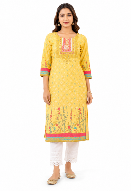 Women's Mustard Yellow Printed Cotton Straight Kurta with Embroidered Yoke