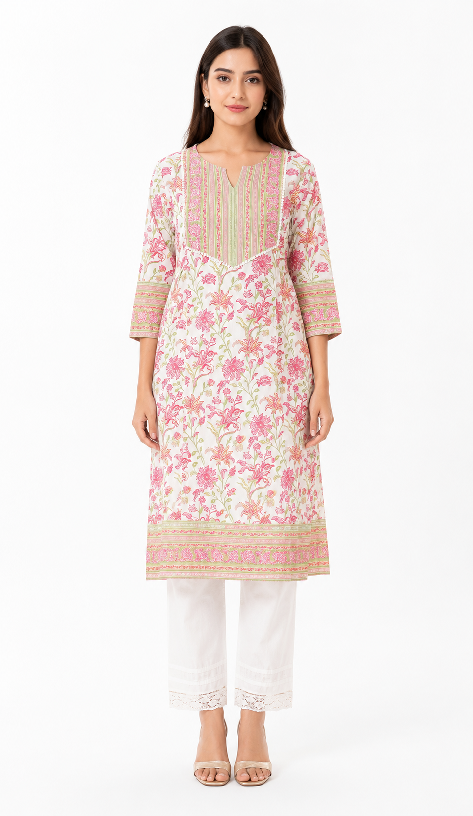 Women's Off White & Pink Floral Printed Cotton Kurta