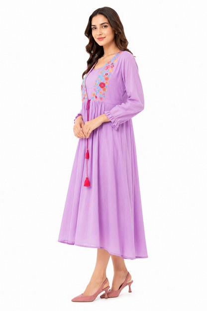 Lavender Cotton Embroidered A-Line Dress Kurta for Women | Floral Embroidered Casual Ethnic Wear