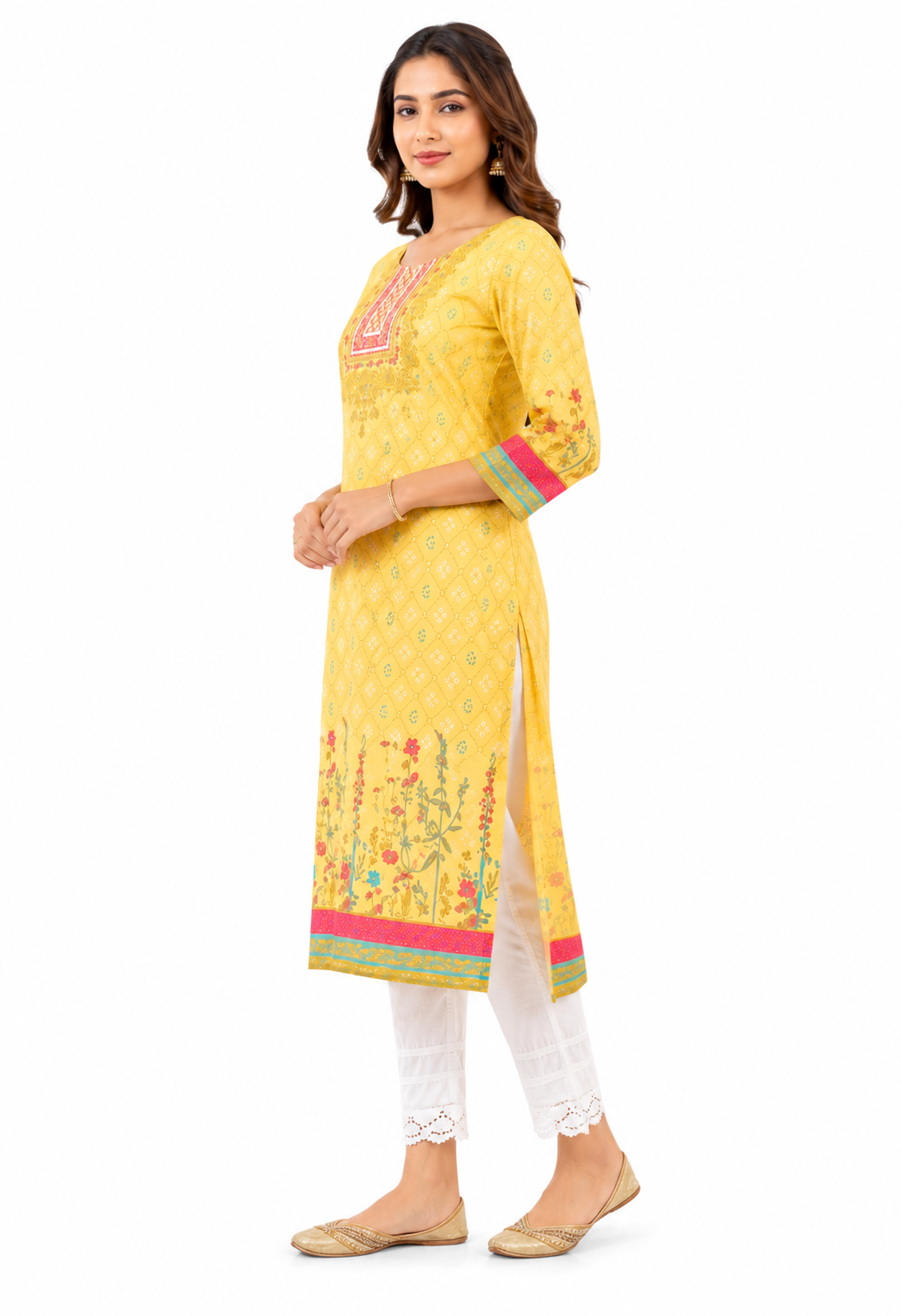 Women's Mustard Yellow Printed Cotton Straight Kurta with Embroidered Yoke