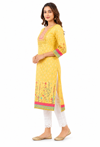 Women's Mustard Yellow Printed Cotton Straight Kurta with Embroidered Yoke