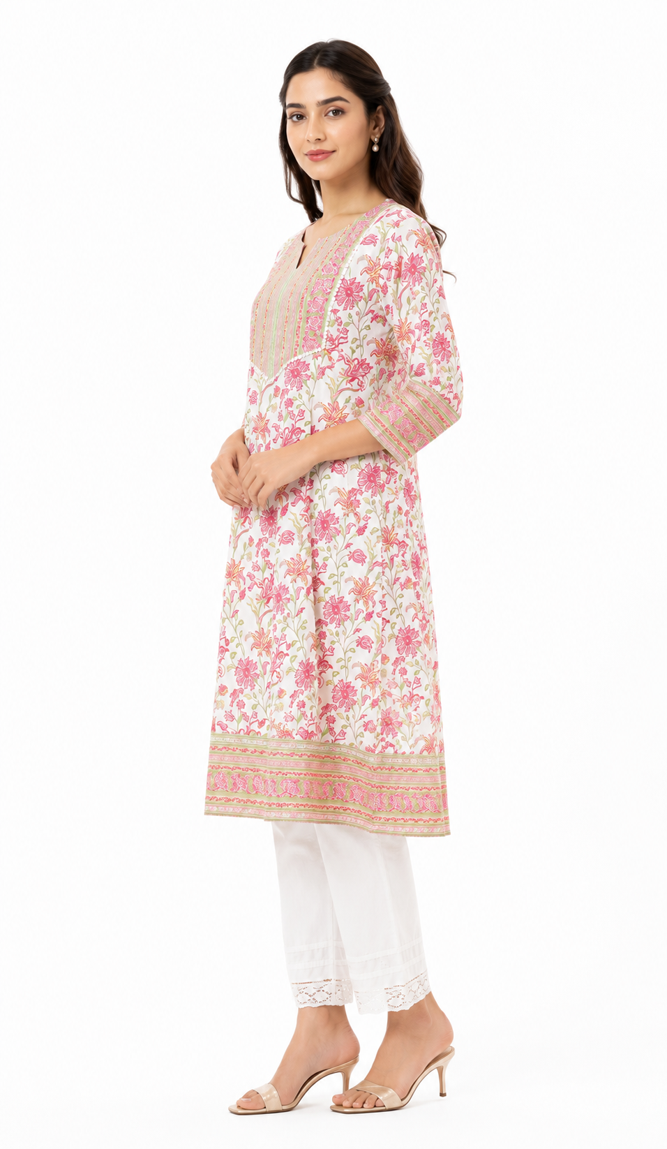 Women's Off White & Pink Floral Printed Cotton Kurta