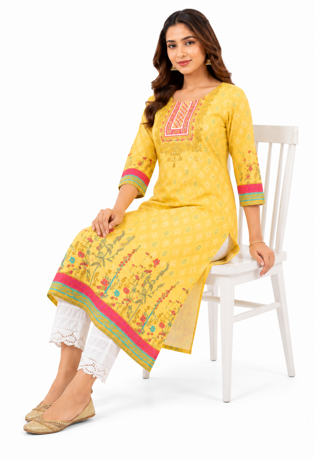 Women's Mustard Yellow Printed Cotton Straight Kurta with Embroidered Yoke