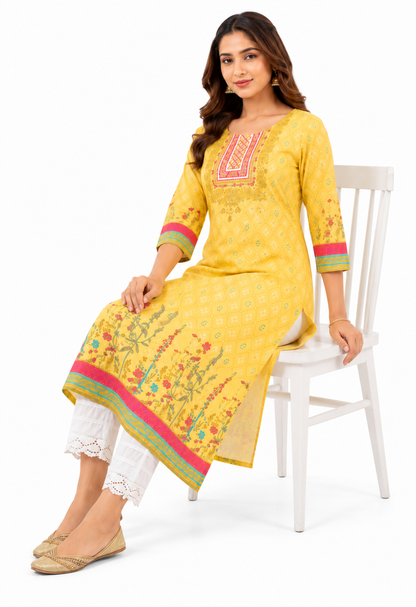 Women's Mustard Yellow Printed Cotton Straight Kurta with Embroidered Yoke