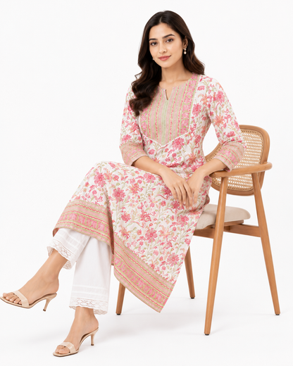 Women's Off White & Pink Floral Printed Cotton Kurta