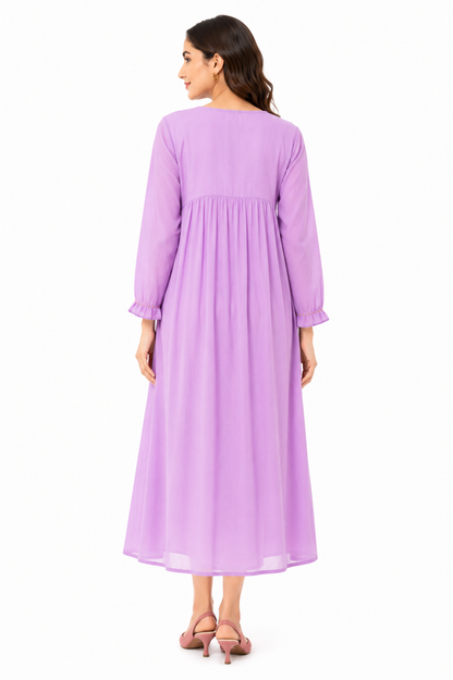 Lavender Cotton Embroidered A-Line Dress Kurta for Women | Floral Embroidered Casual Ethnic Wear