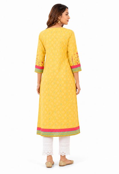 Women's Mustard Yellow Printed Cotton Straight Kurta with Embroidered Yoke