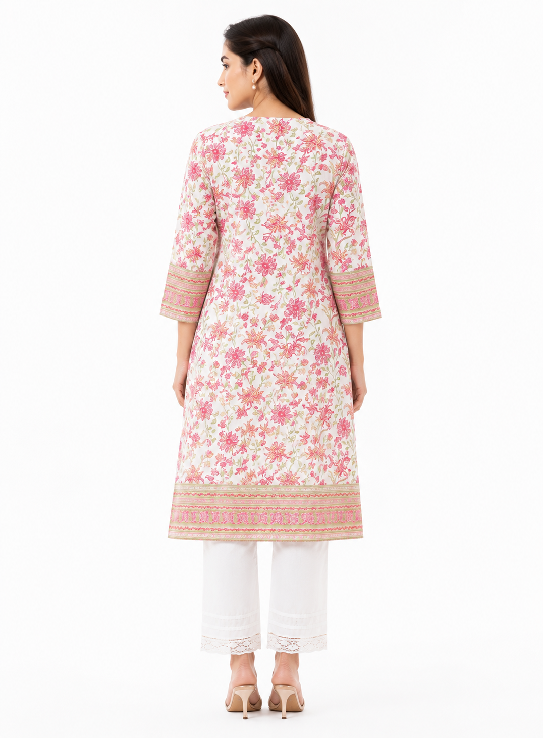 Women's Off White & Pink Floral Printed Cotton Kurta