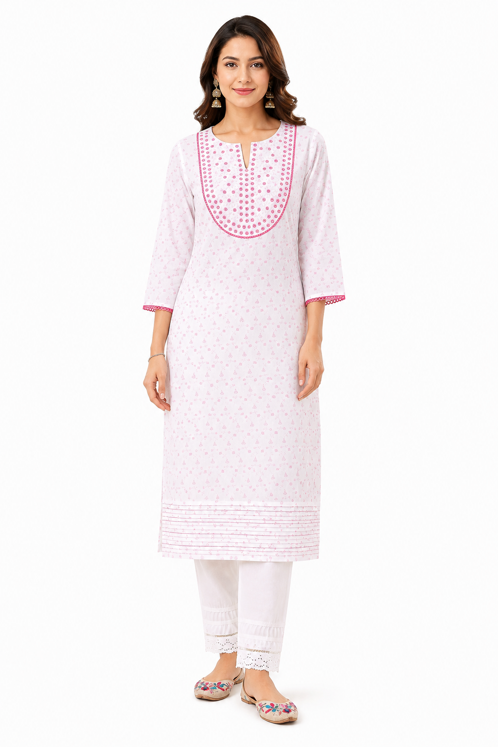 Off White Pink Embroidered Viscose Kurta for Women | Straight Fit Ethnic Wear