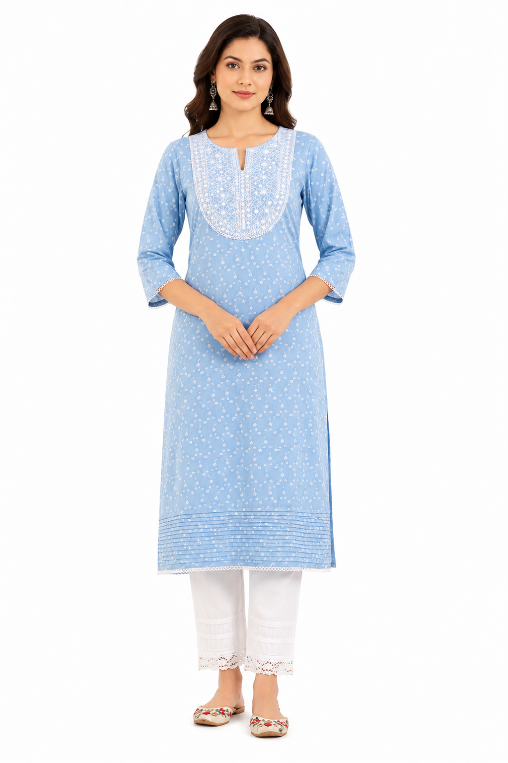 Women's Sky Blue Printed Cotton Straight Kurta