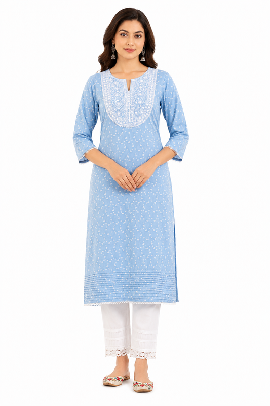Women's Sky Blue Printed Cotton Straight Kurta