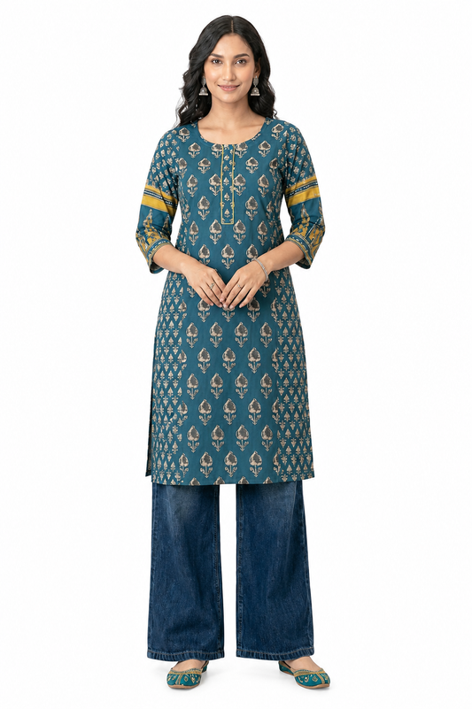 Women's Teal Printed Cotton Kurta
