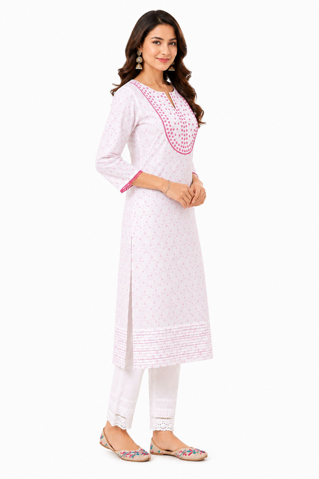 Off White Pink Embroidered Viscose Kurta for Women | Straight Fit Ethnic Wear