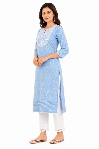 Women's Sky Blue Printed Cotton Straight Kurta