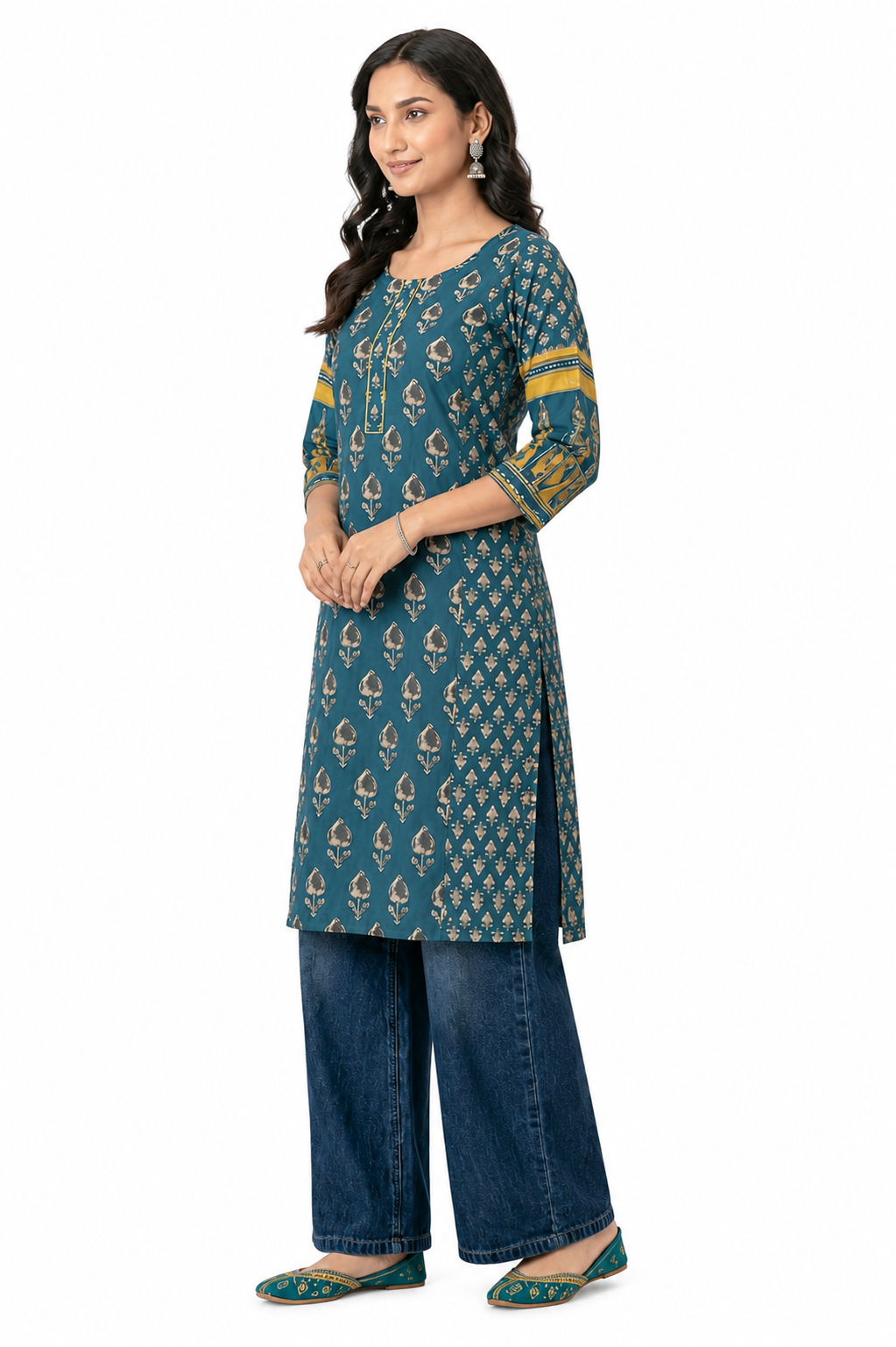 Women's Teal Printed Cotton Kurta