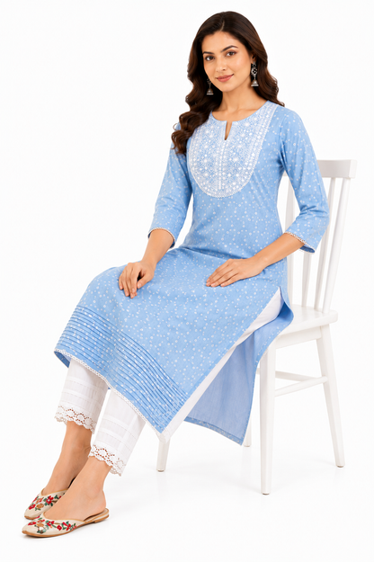 Women's Sky Blue Printed Cotton Straight Kurta
