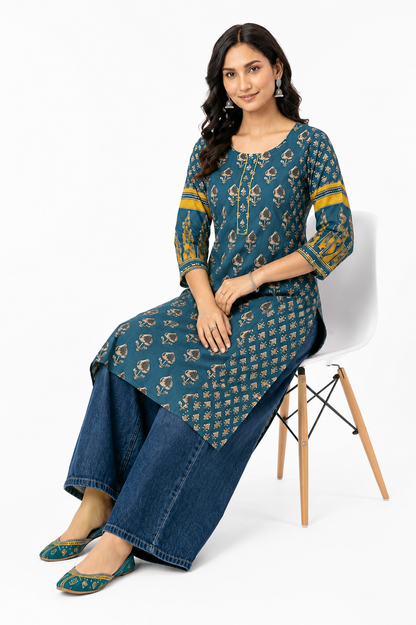 Women's Teal Printed Cotton Kurta