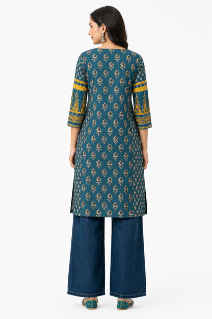 Women's Teal Printed Cotton Kurta