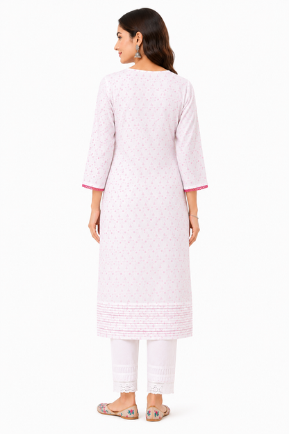 Off White Pink Embroidered Viscose Kurta for Women | Straight Fit Ethnic Wear