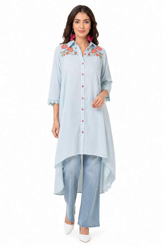 Women's Powder Blue Embroidered High-Low Kurta
