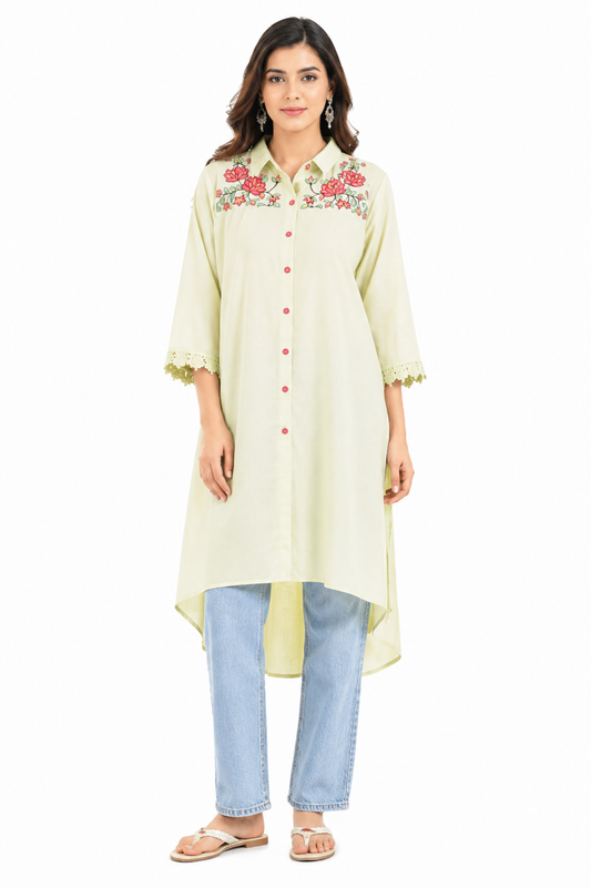 Pistachio Green Embroidered High-Low Cotton Kurta