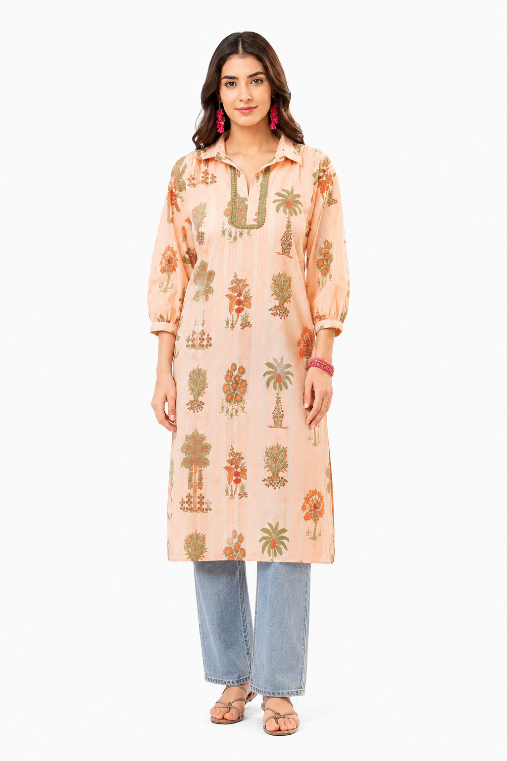 Peach Botanical Printed Cotton Kurta for Women | Casual & Office Wear Long Kurta