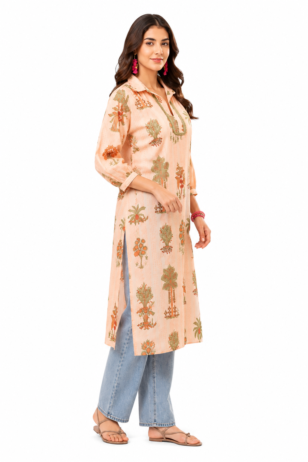 Peach Botanical Printed Cotton Kurta for Women | Casual & Office Wear Long Kurta