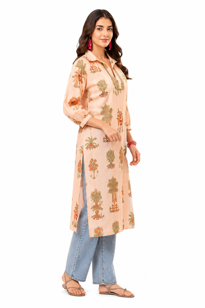 Peach Botanical Printed Cotton Kurta for Women | Casual & Office Wear Long Kurta