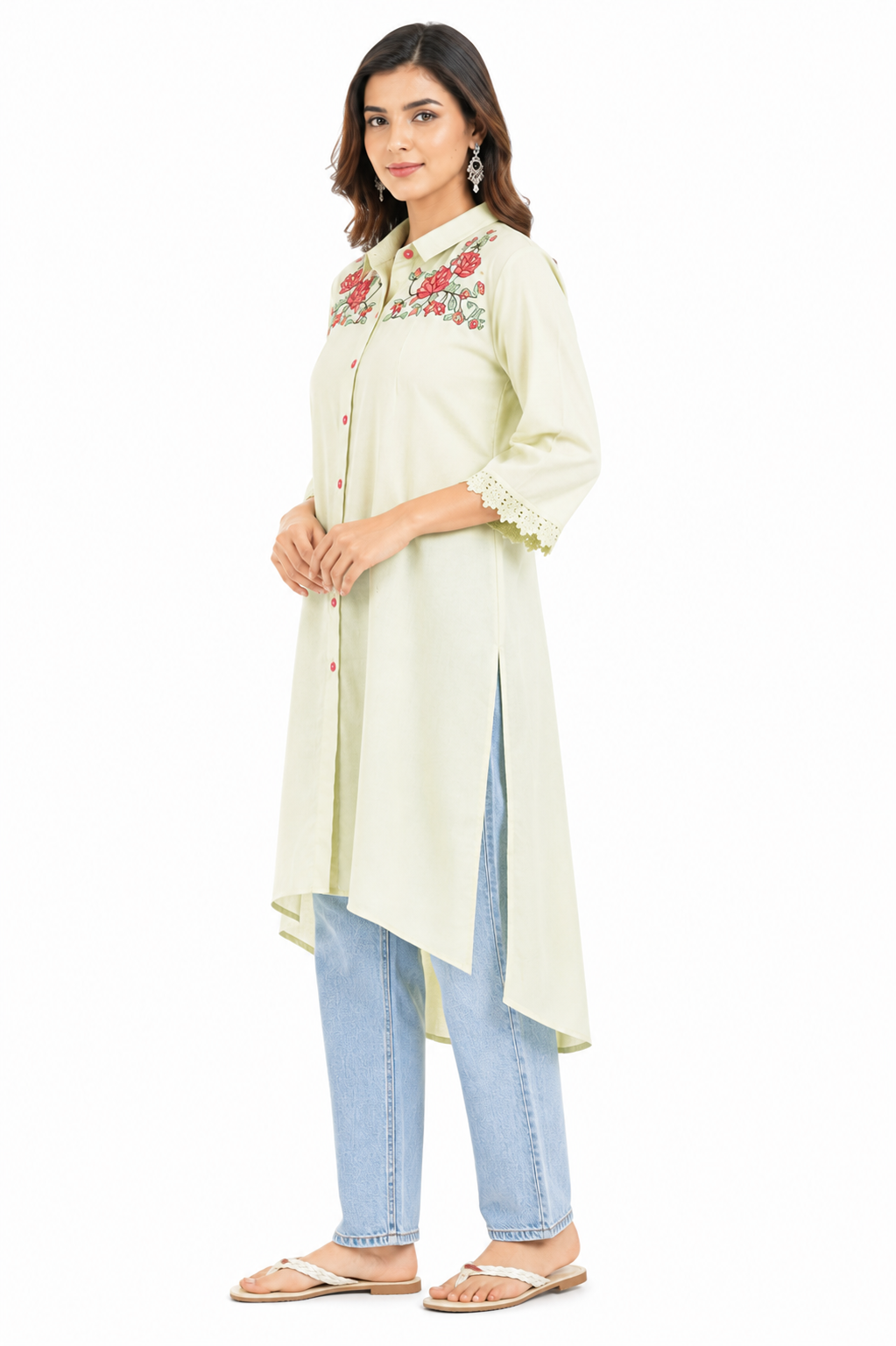 Pistachio Green Embroidered High-Low Cotton Kurta