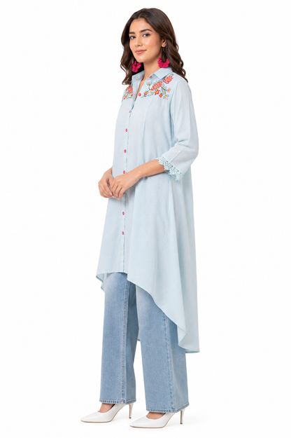 Women's Powder Blue Embroidered High-Low Kurta