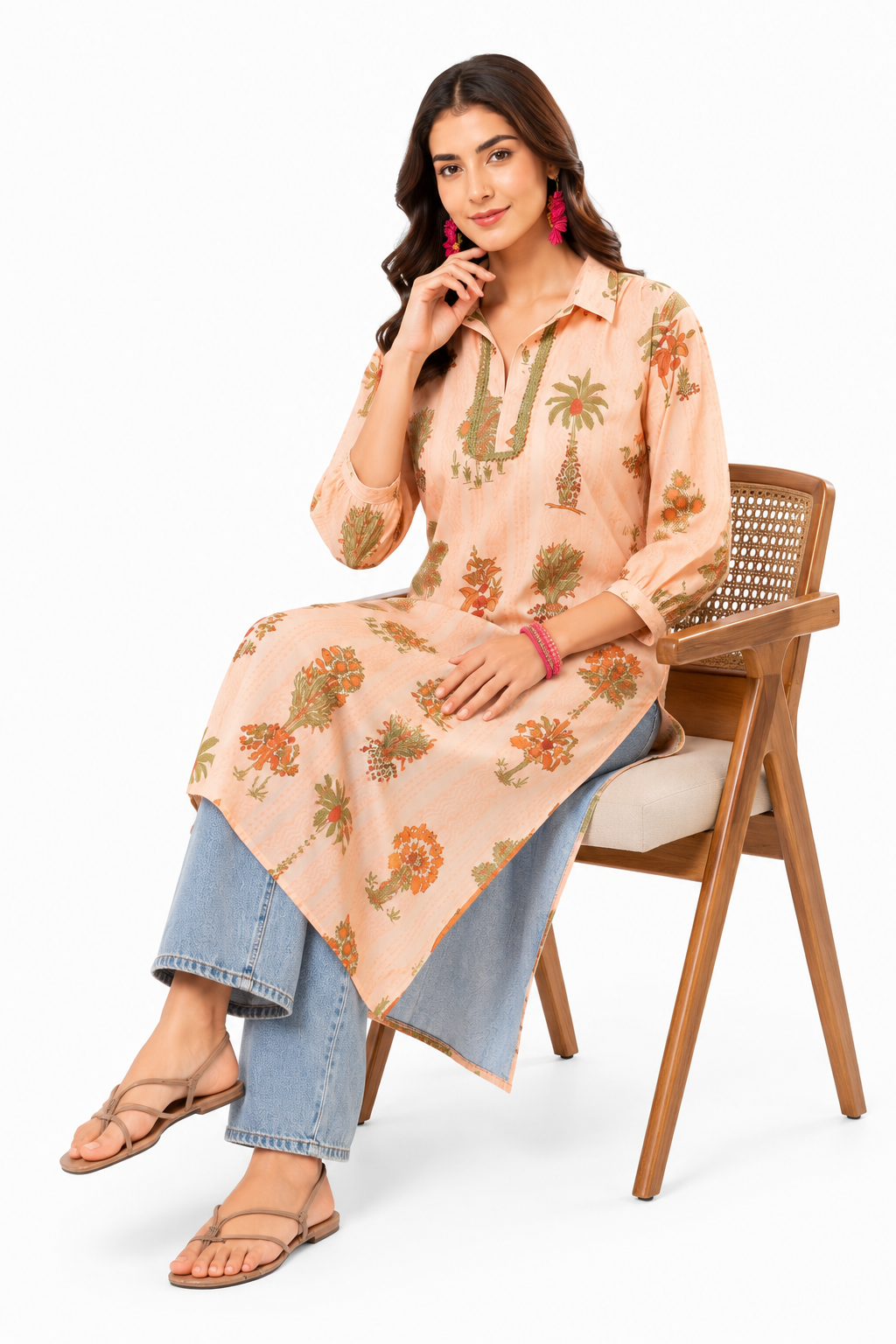 Peach Botanical Printed Cotton Kurta for Women | Casual & Office Wear Long Kurta