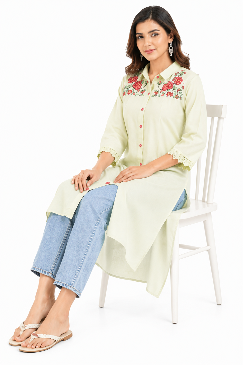 Pistachio Green Embroidered High-Low Cotton Kurta