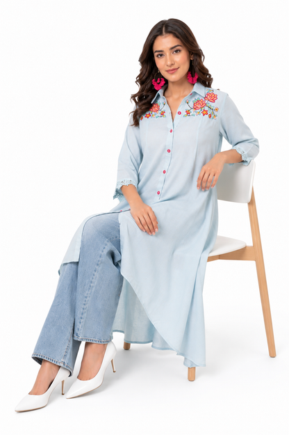 Women's Powder Blue Embroidered High-Low Kurta