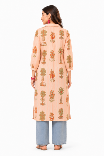 Peach Botanical Printed Cotton Kurta for Women | Casual & Office Wear Long Kurta